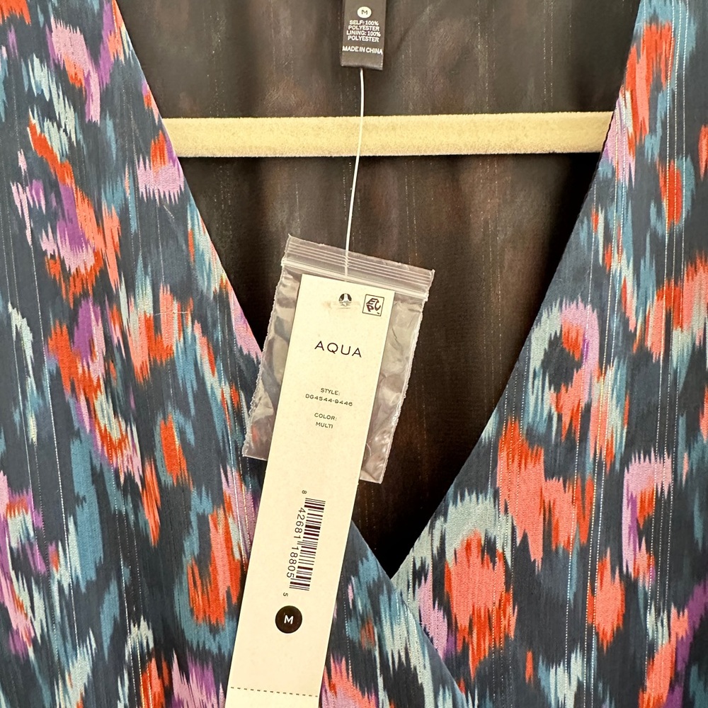 Aqua Metallic Print Faux Wrap Dress NWT M - Picture 5 of 9